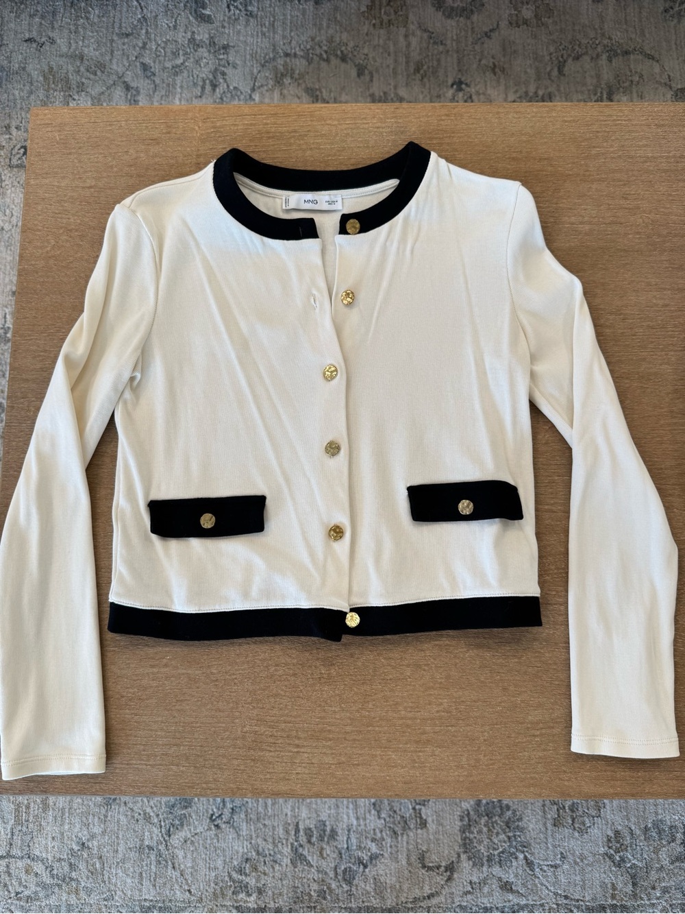 Mango Cropped Cream Button Cardigan with Black Trim & gold tone buttons